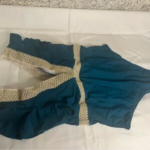 Peacock green and gold mesh One-Piece Swimsuit with Crochet Accents